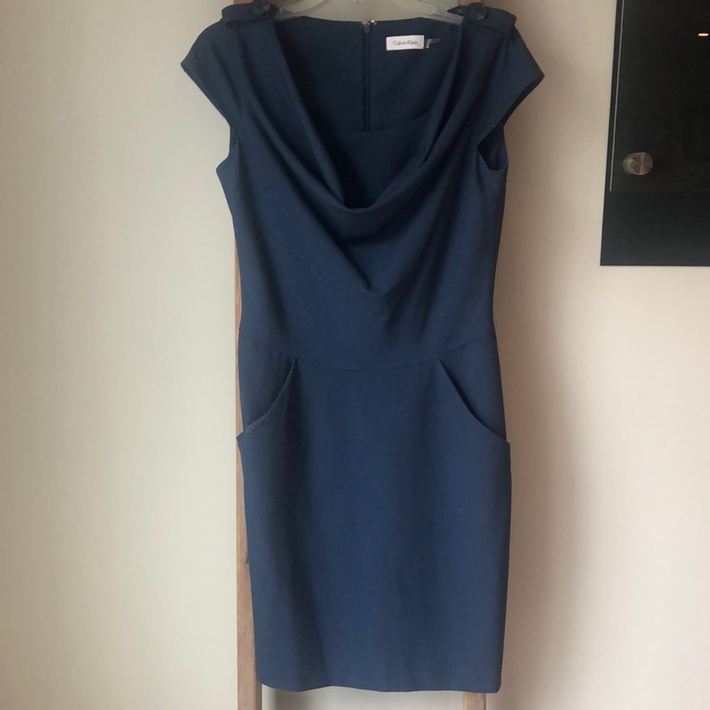 Calvin Klein Blue Sheath Dress with Draped Bodice and Cap Sleeves